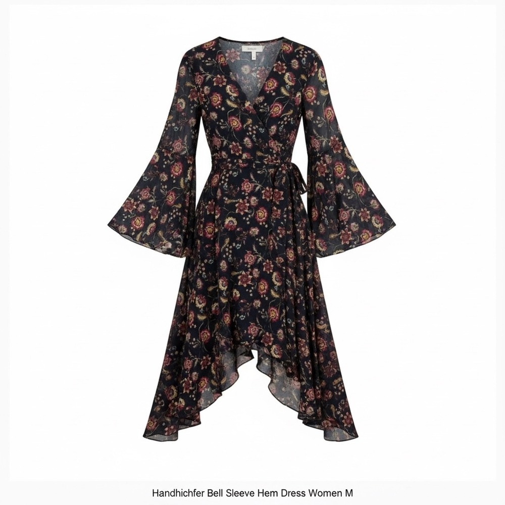 Handkerchief Hem Bell Sleeve Wrap Dress - Black Floral